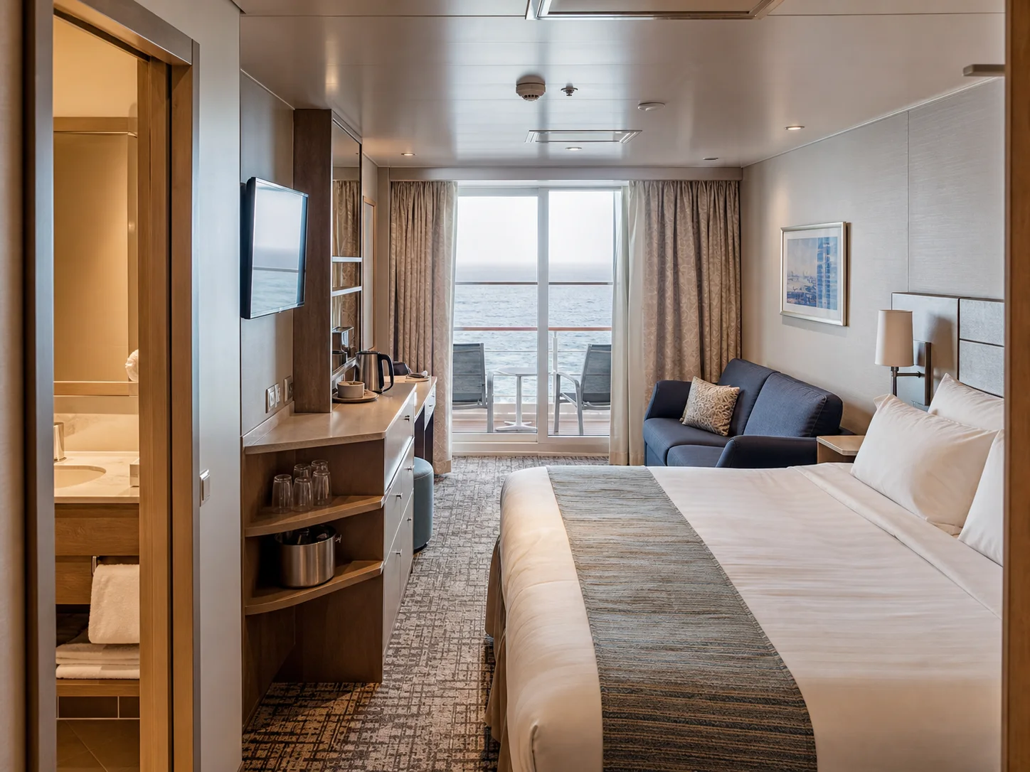 Reference illustration of a compact contemporary cruise cabin with a sofa and private balcony
