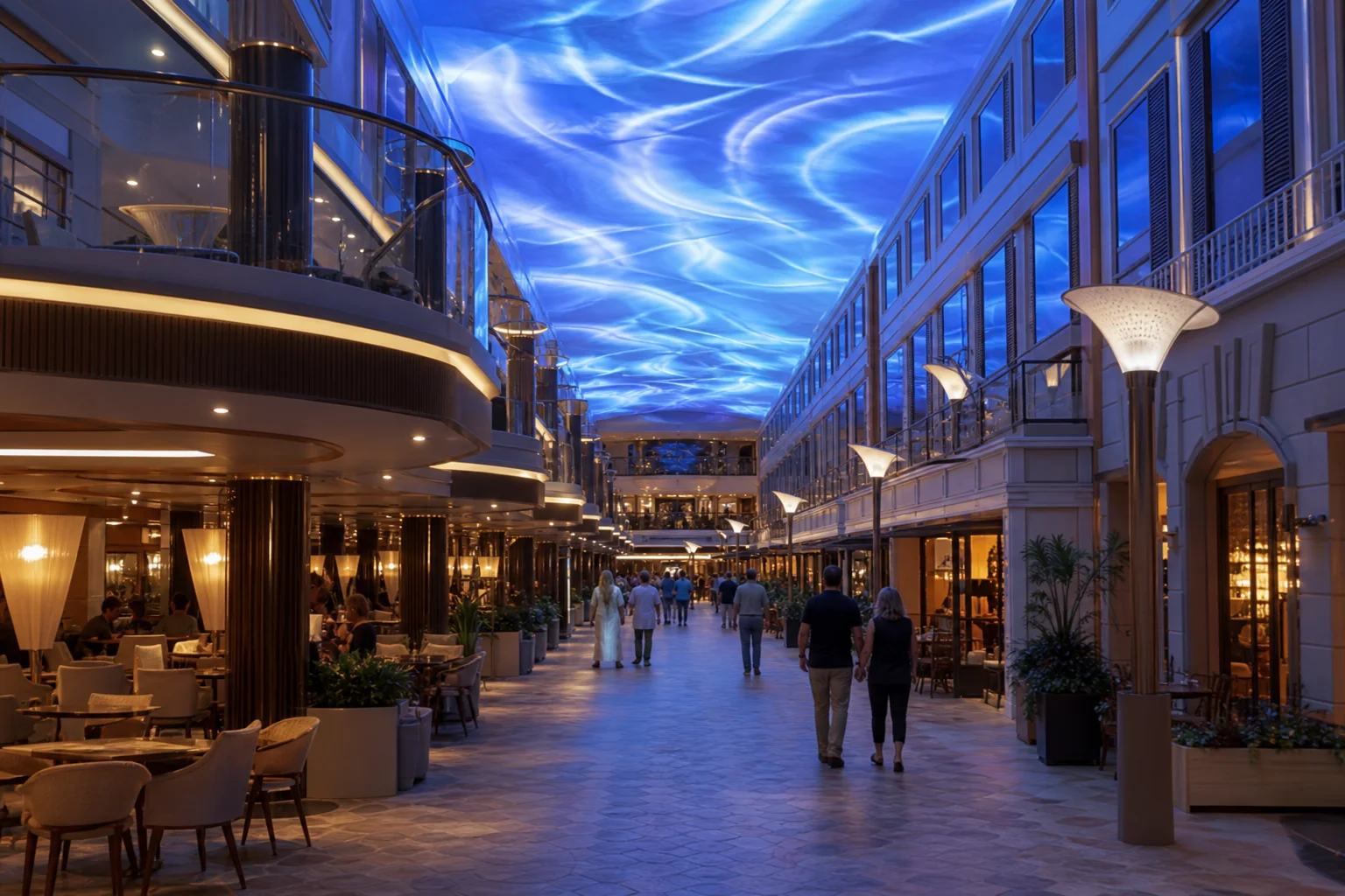 Reference illustration of a large cruise ship's indoor promenade beneath a luminous blue ceiling