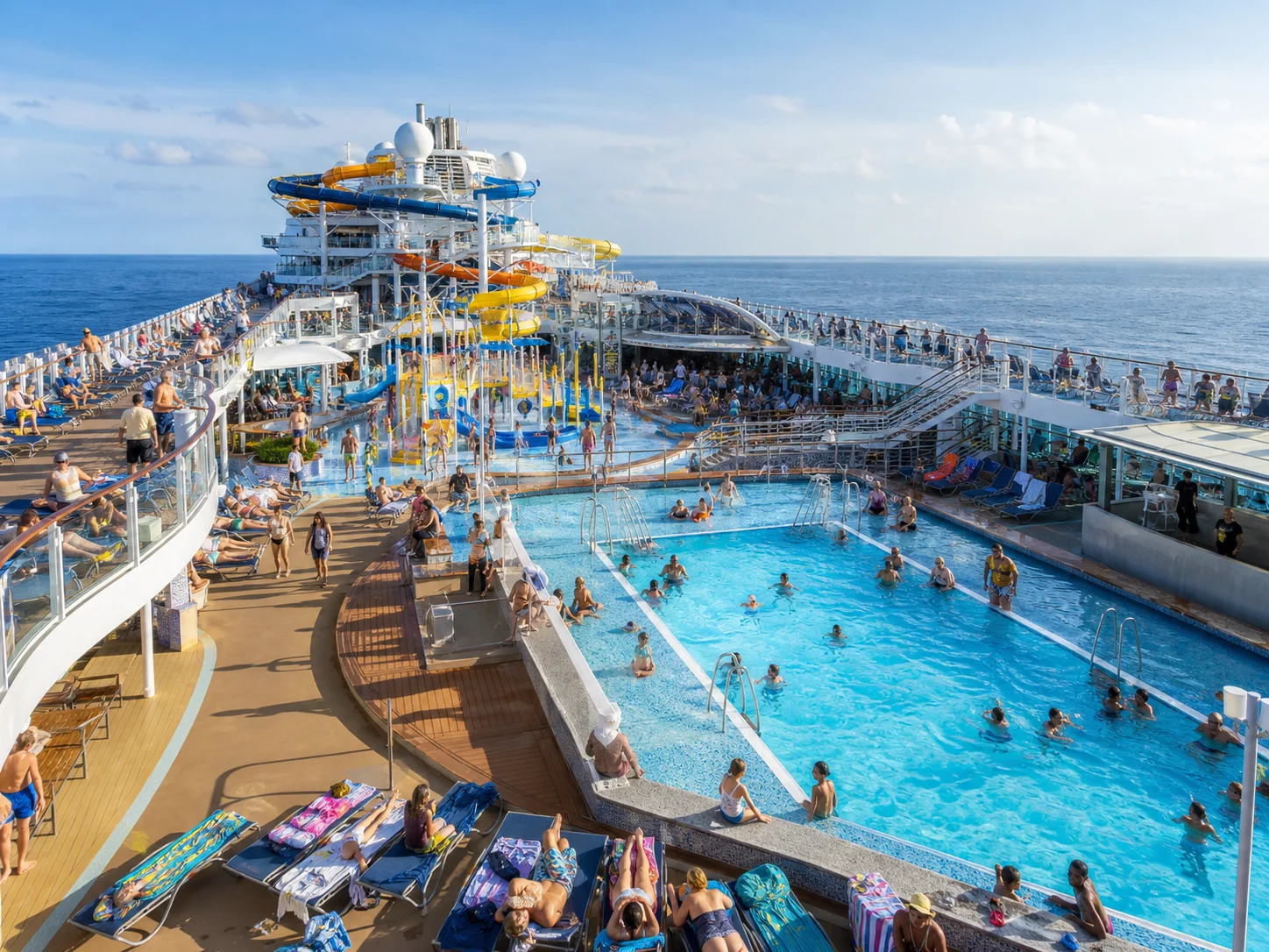 Reference illustration of a large family cruise ship pool deck and waterpark on a sunny sea day