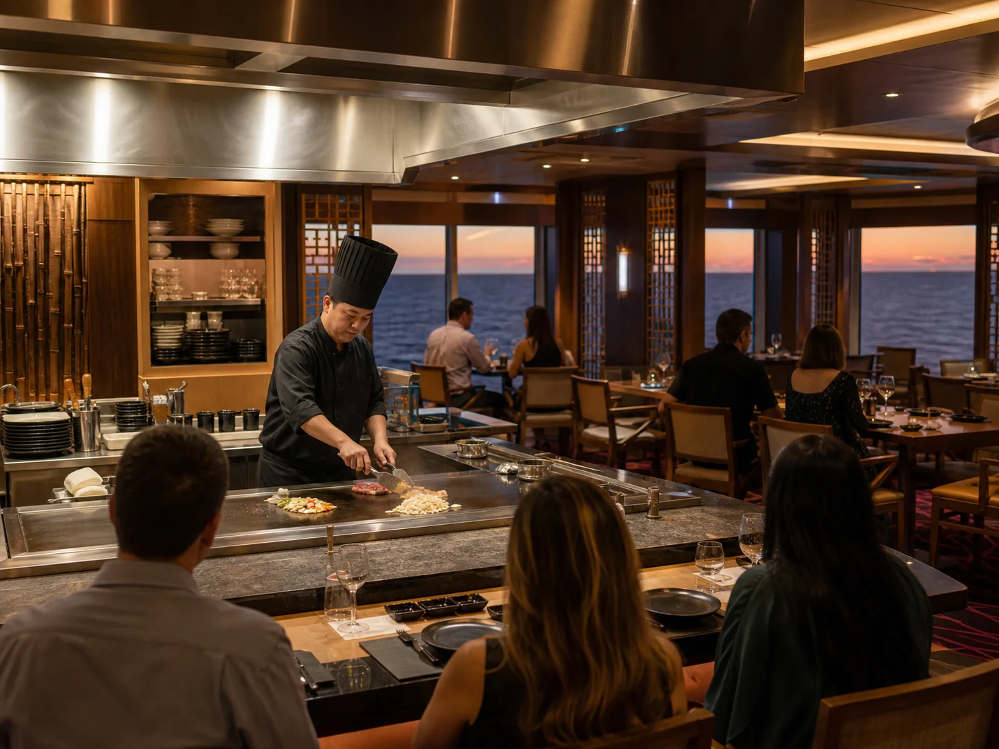 Reference illustration of a chef cooking at a cruise ship teppanyaki counter during dinner